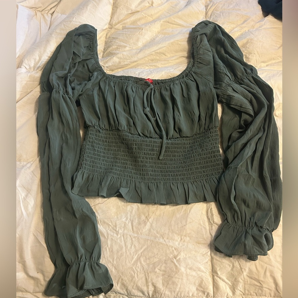 Guess Forest Green Smocked Blouse NWOT